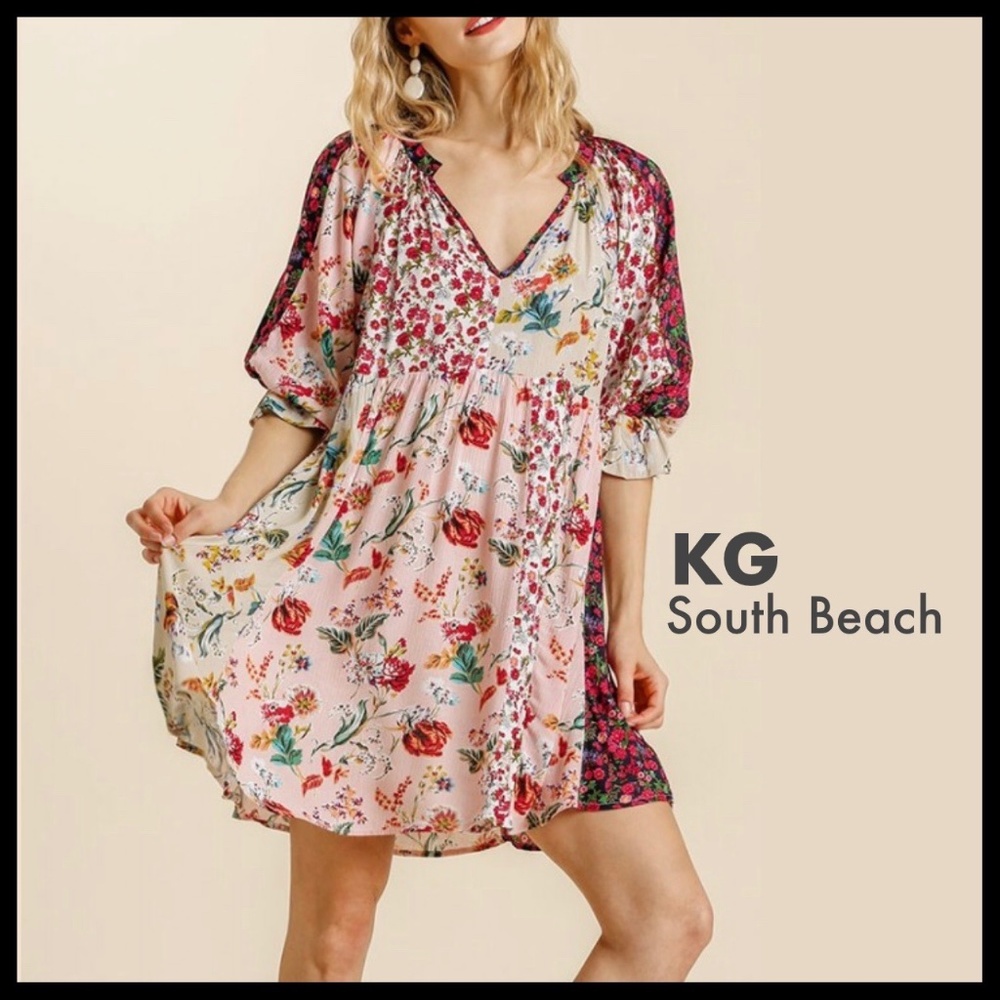 Plus Sized Mixed Floral Print Babydoll Dress - Picture 1 of 11